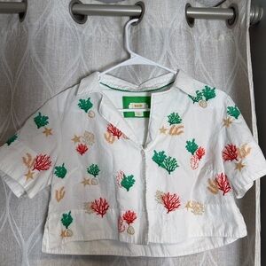 Anthropologie Maeve White Top with Green Accents